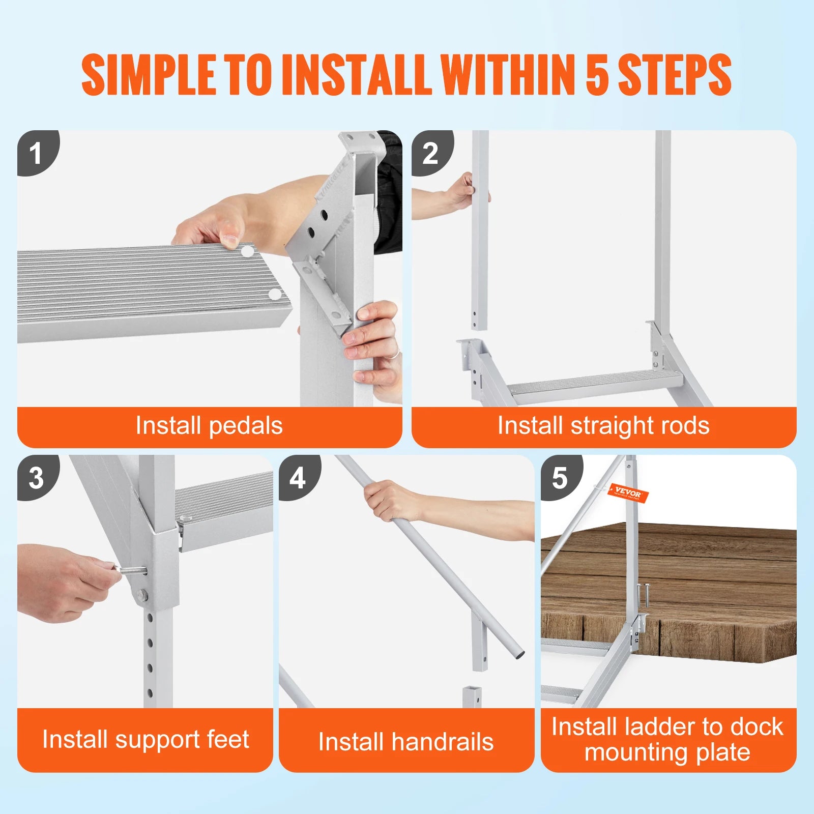 4/6 Step Dual Handrails Dock Ladder Aluminum with Rubber Mat 30"-39"/ Adjustable Height for Lake, Marine Boarding ,Pool