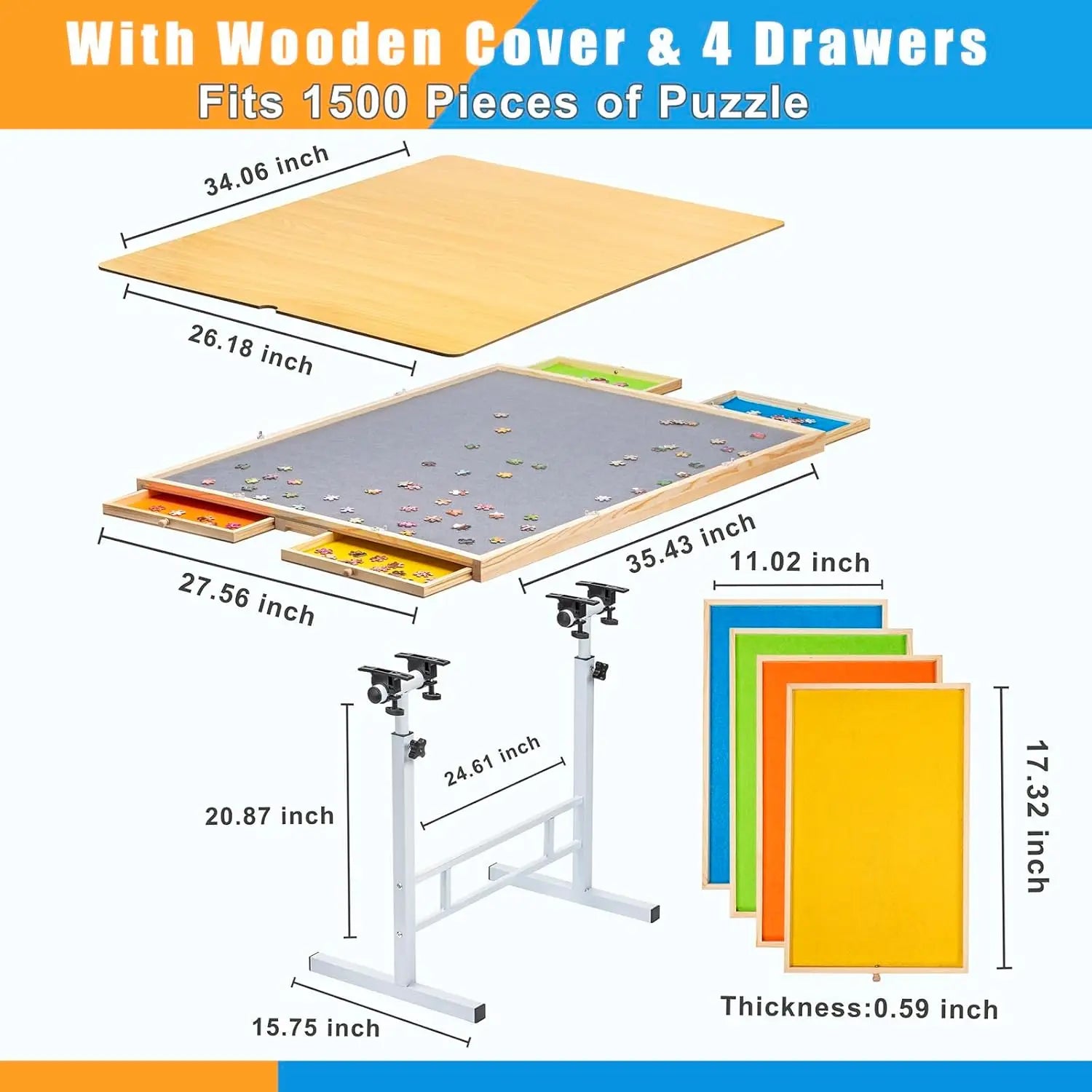 Adjustable Jigsaw 1500 Puzzle Table with Drawers, Angle & Height Adjustable with Metal Legs/ 35"x26" Tilting