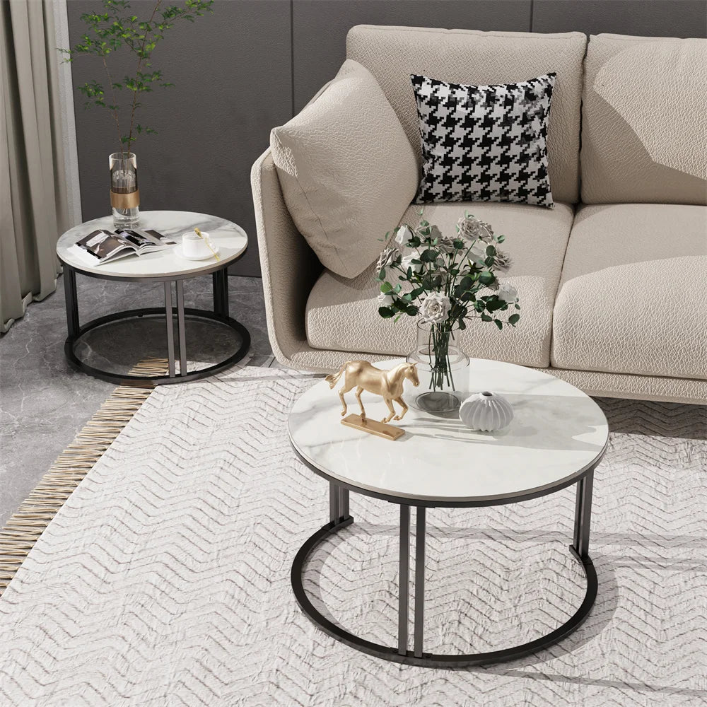 Small Living Room Furniture Table 2 Pack Round Marble Nesting Center Coffee Table Sofa Side Tea Desk Space-saving