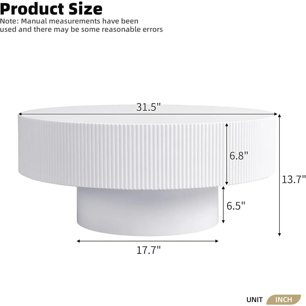 31.5 Inch Round Drum Coffee Table, Modern Handcraft Fluted Drum Coffee Table, Wooden Round Coffee Table Center Table/ Cocktail Table