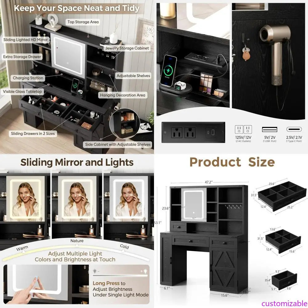 Customizable Rustic-Style Makeup Vanity Desk With Sliding Mirror, Lighting, And Glass Top Charging Station