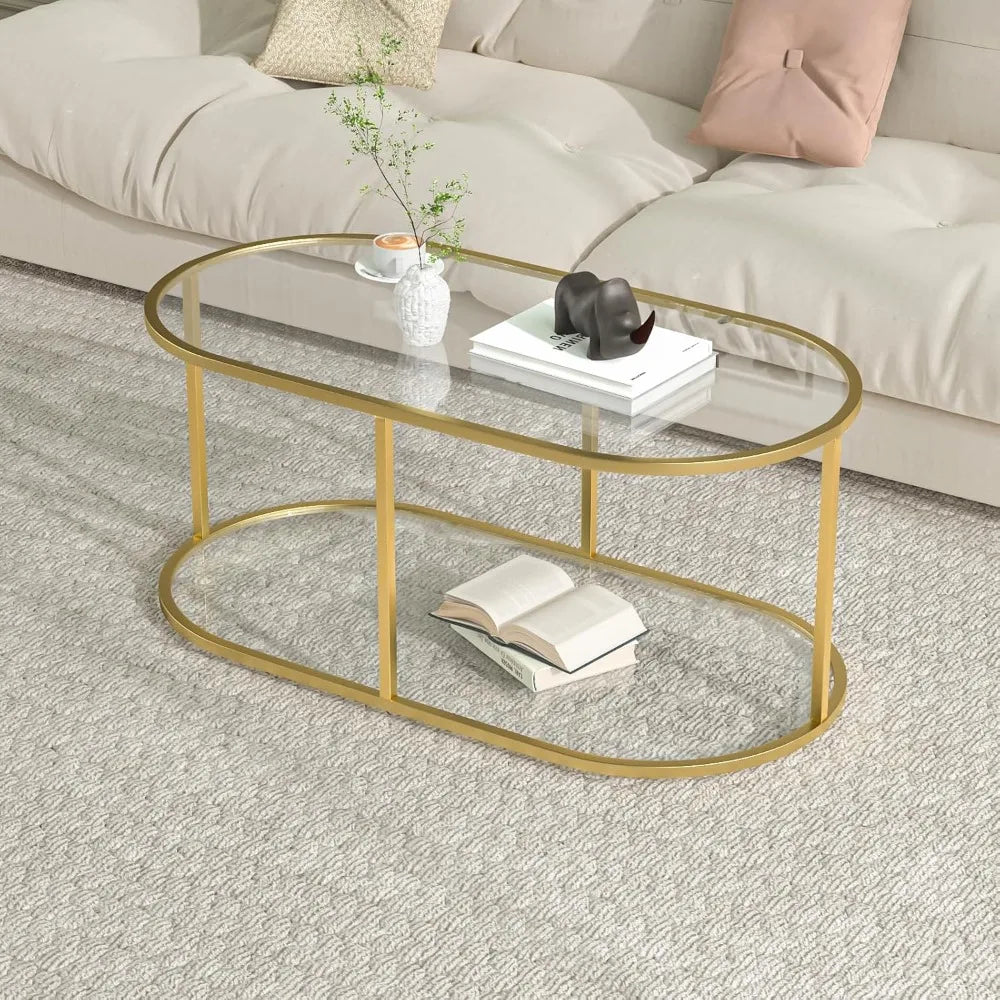 Gold Glass Coffee Table for Living Room, 2 Tiers Oval Center Table with Sturdy Metal Frame, Modern Tempered Glass Accent