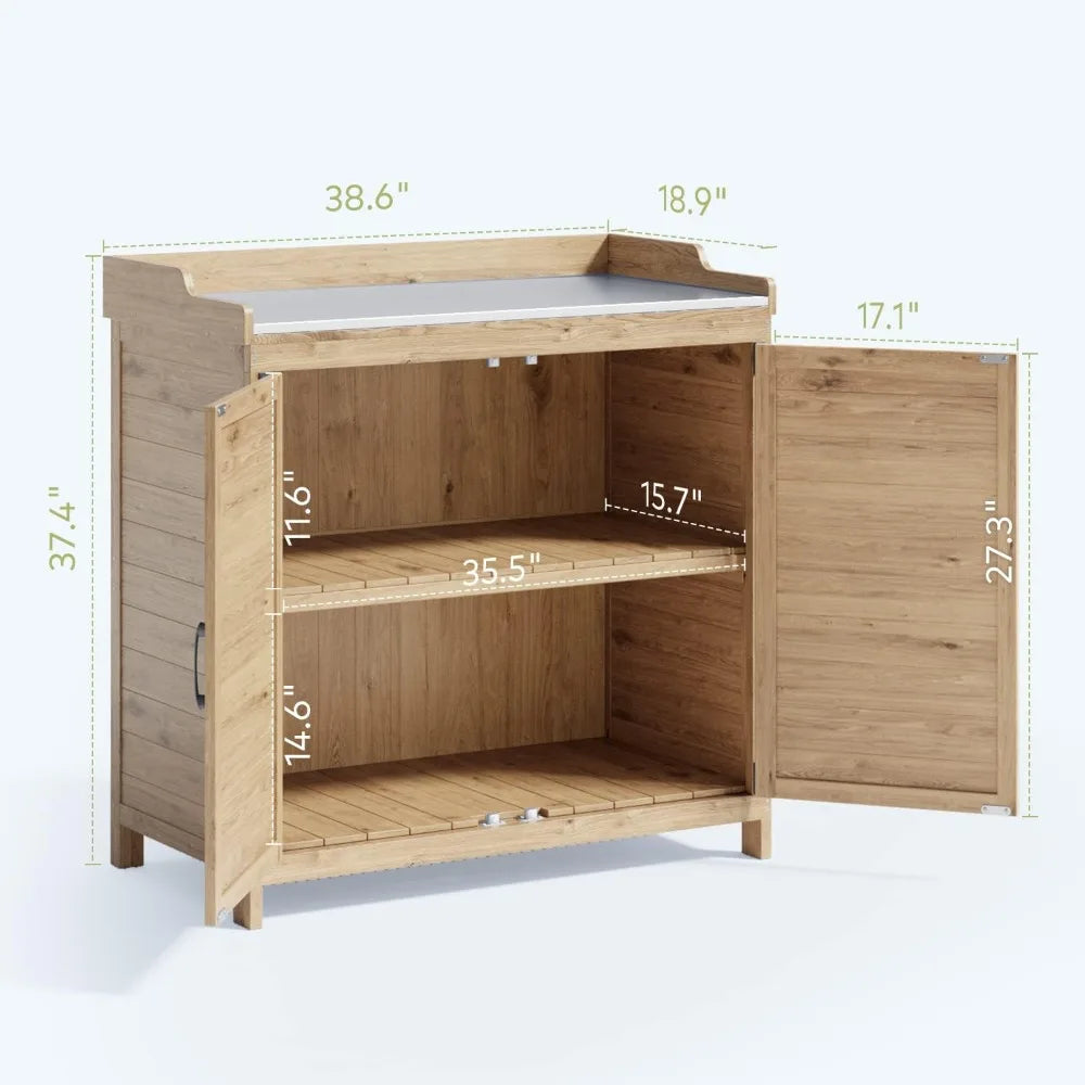 Outdoor Potting Bench with Metal Tabletop, Outdoor Garden Patio Wooden Storage Cabinet with Adjustable Shelf, Double Doors