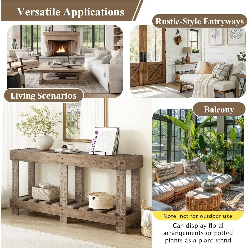 Farmhouse Rustic Wood Entryway Console Table 63-Inch Long Narrow Entry Sofa Table with Storage Shelf for Living Room Balcony