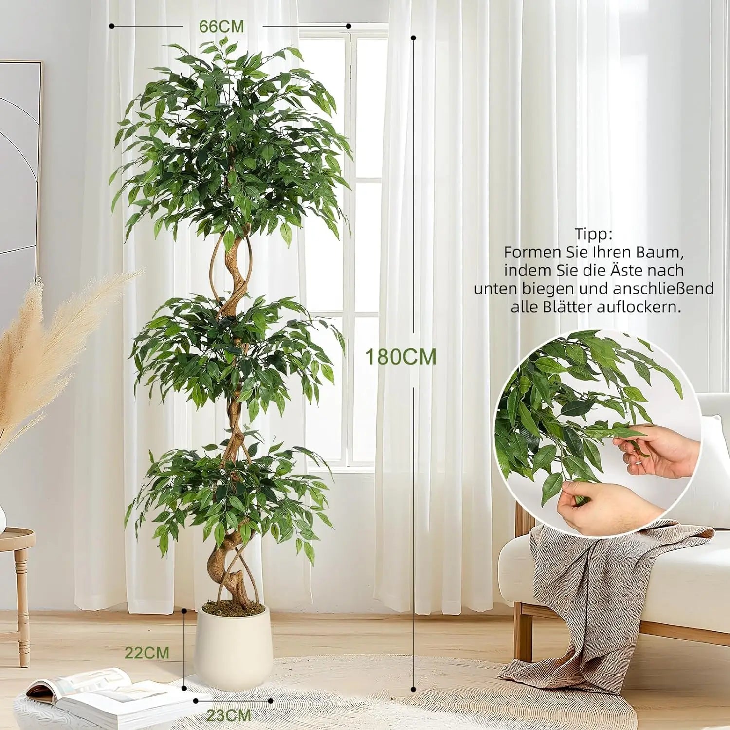 Artificial Ficus Tree 120/150/180cm with White Planter, Large Faux Weeping Fig with Curved Trunk and 1860 Silk Leaves, Lifelike Indoor Plant for Living Room/ Bedroom/ Office Decor, No Maintenance
