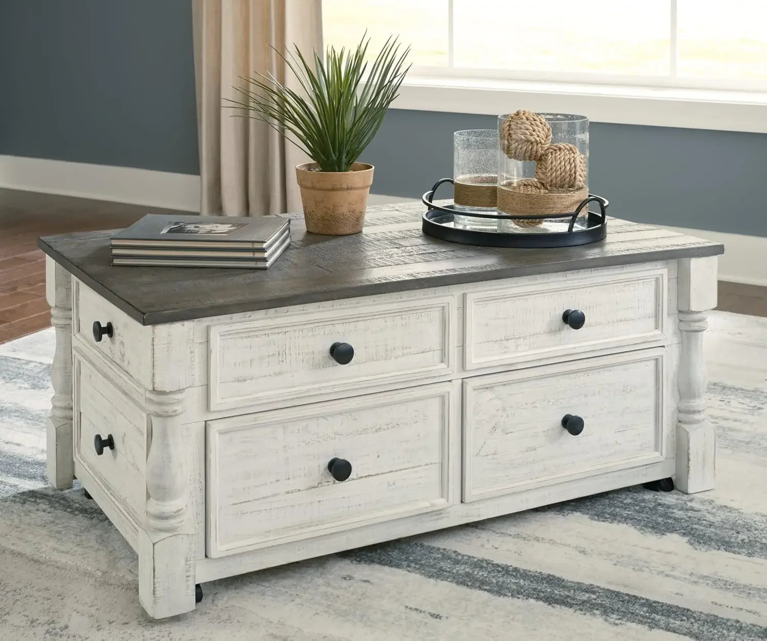 Farmhouse Lift Top Coffee Table with 4 Storage Drawers and Small Storage Tray, Whitewash