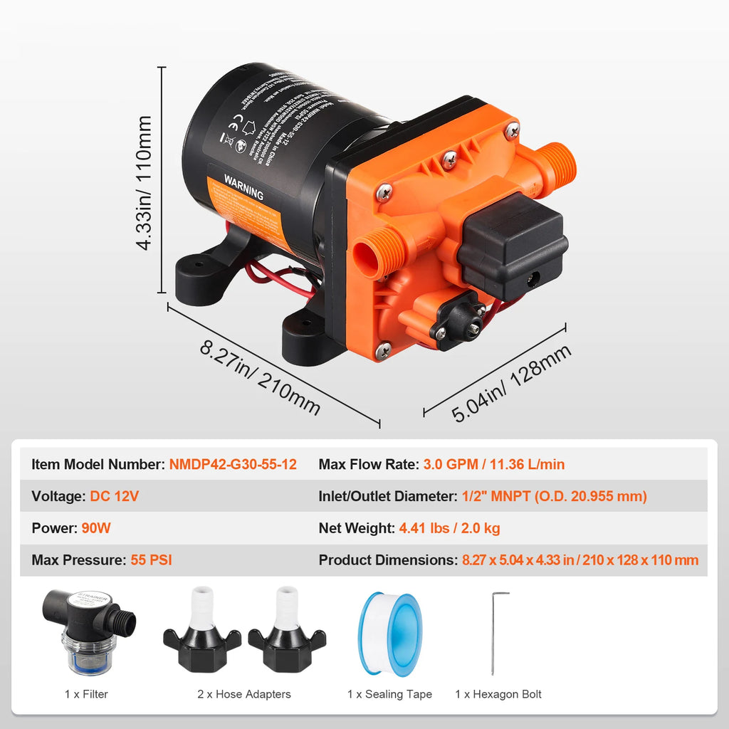 12V Diaphragm Pump 1.8/3/3.5/5 GPM 3/4/5-Chamber 40-100 PSI Adjustable 1/2'' MNPT Port for RV/ Yacht/ Food Truck/ Camper