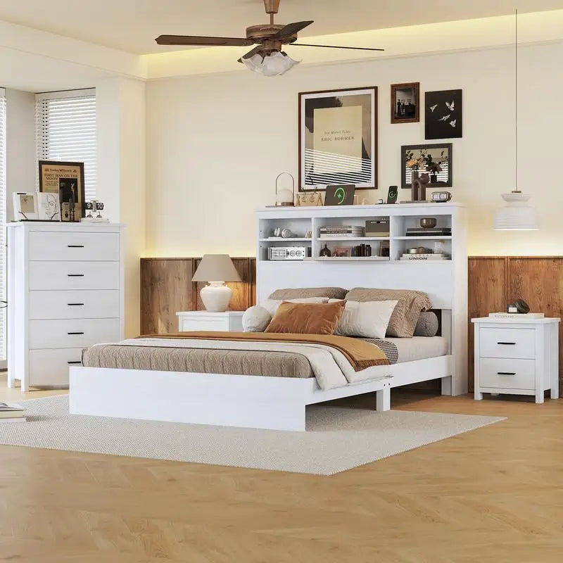 Vintage Queen Bedroom Set, 4 Pieces - Wooden Bed Frame, 2 Nightstands & 1 Dresser in White Finish