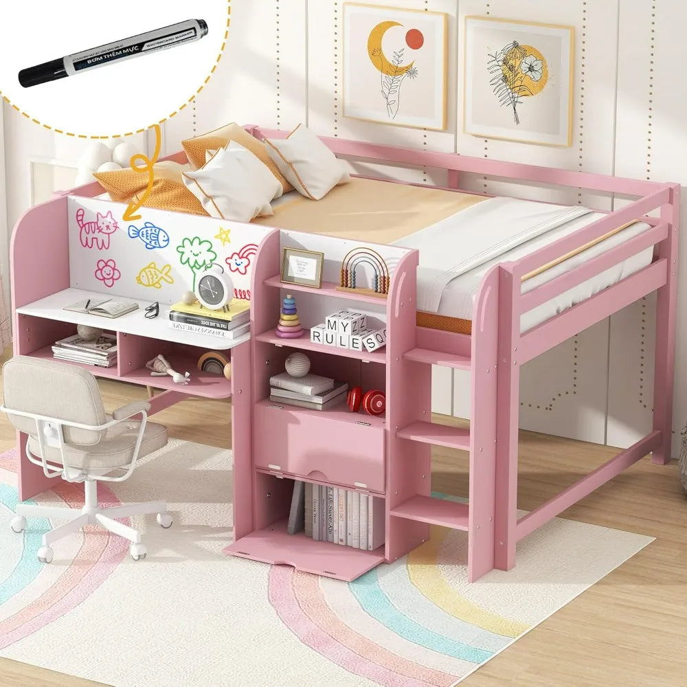 Modern Farmhouse Style Kids Full Size Low Loft Bed with Desk, Storage, and Bookcase