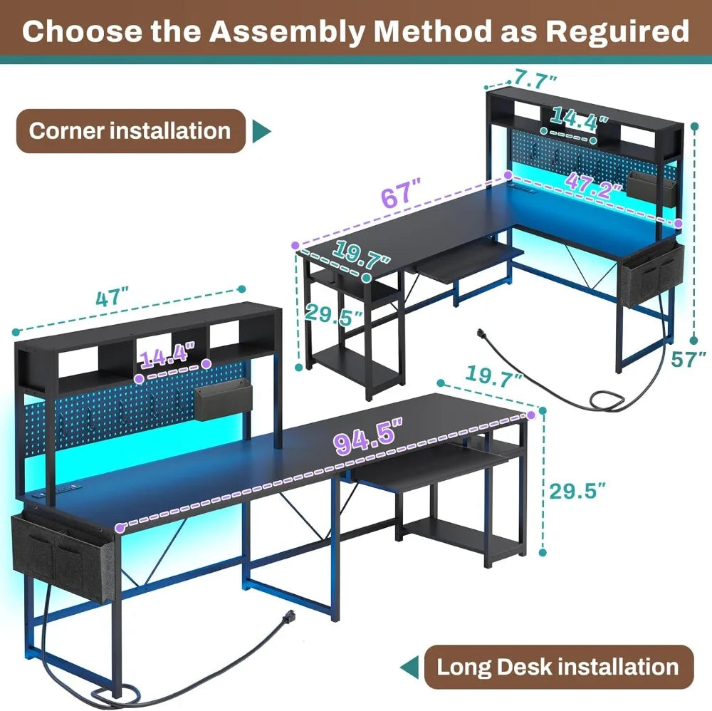 L Shaped Gaming Desk with LED Lights, Power Outlet & Storage - Reversible Corner Computer Desk for Home Office