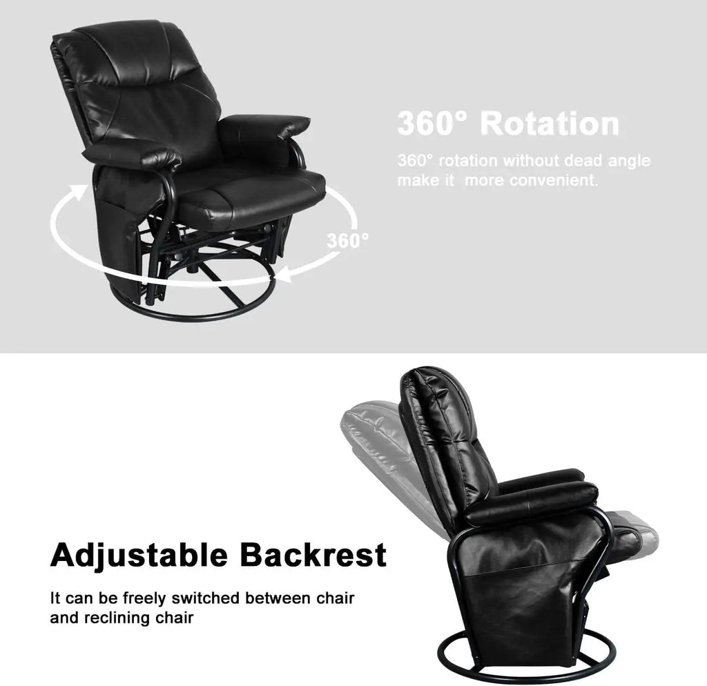 Glider Chairs Rocking Chair with Ottoman 360° Swivel Chair PU Leather Upholstered Armchair Lounge Chair Sliding Chairs Set/Black