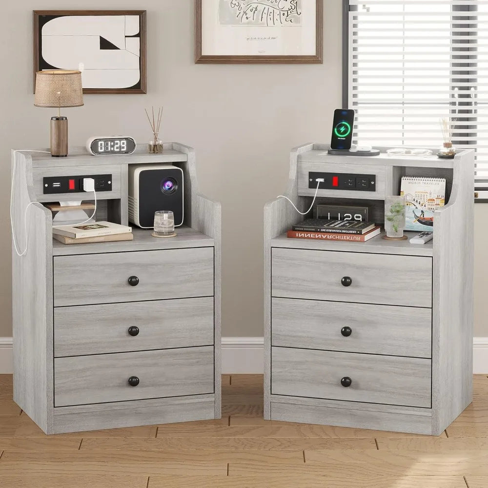 Nightstand Set 2,Gray with Charging Station & Hutch, Night Stands with Drawers