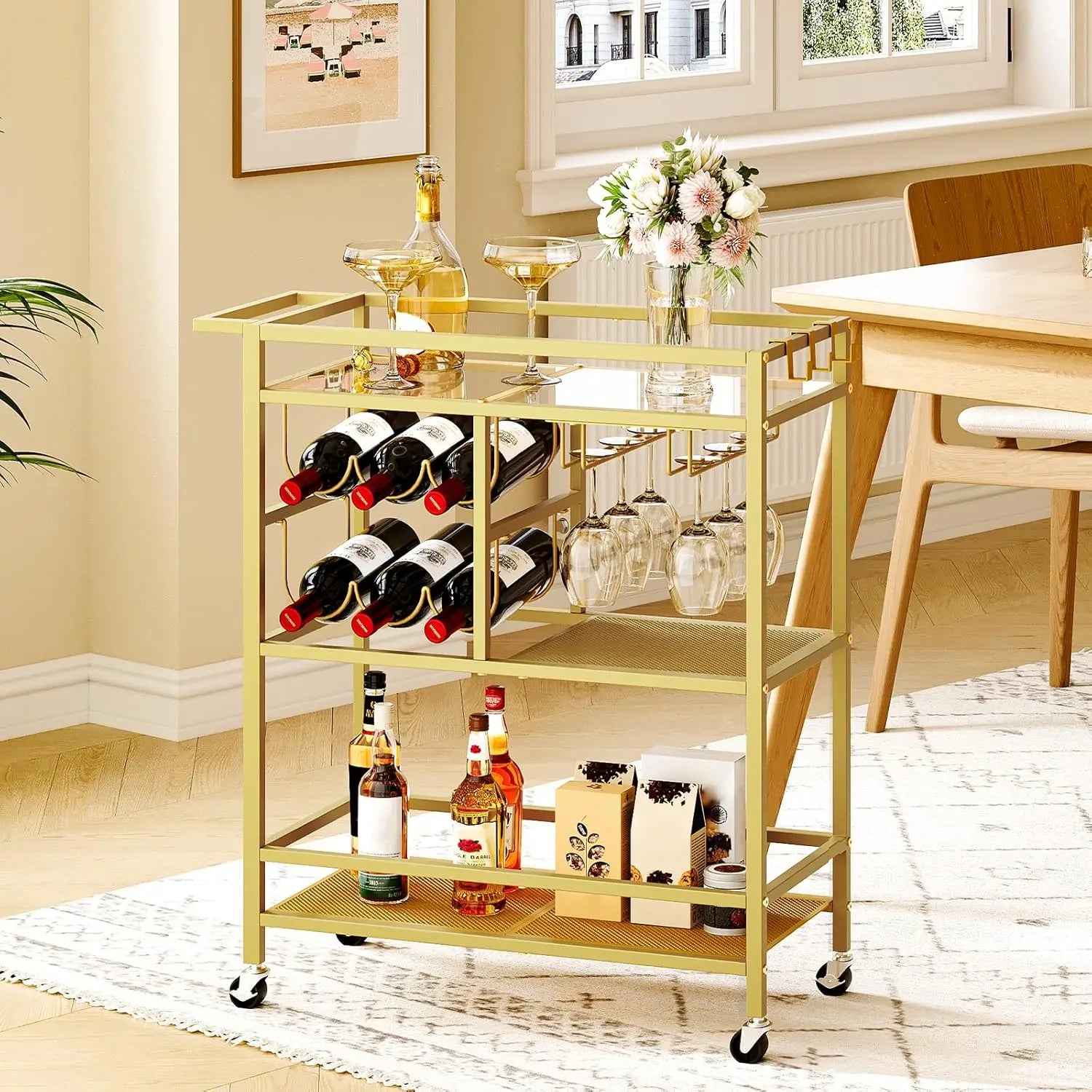 Bar Cart for Home, 3-Tier Serving Cart with Wheels and Handle, Beverage Cart with Wine Rack and Glass Holders