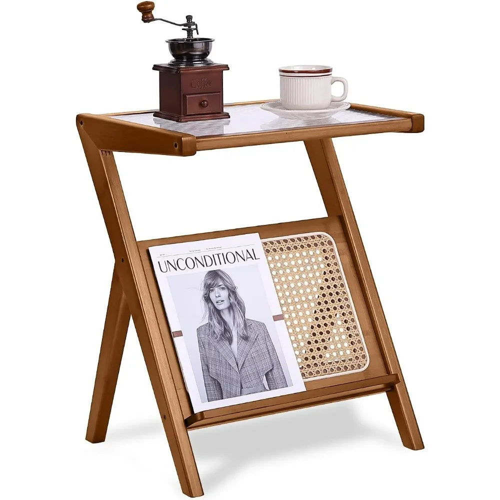 Mid-Century Bamboo Side Table, Rattan Nightstand Accent, Bohemian Wood End Table with Glass Top