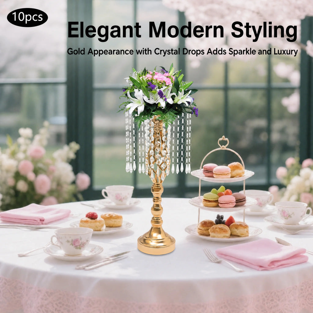 10Pcs Gold Electroplated Iron Crystal Flower Stand 19.3in Height 5.5in Wide Hanging Acrylic Crystal Chain