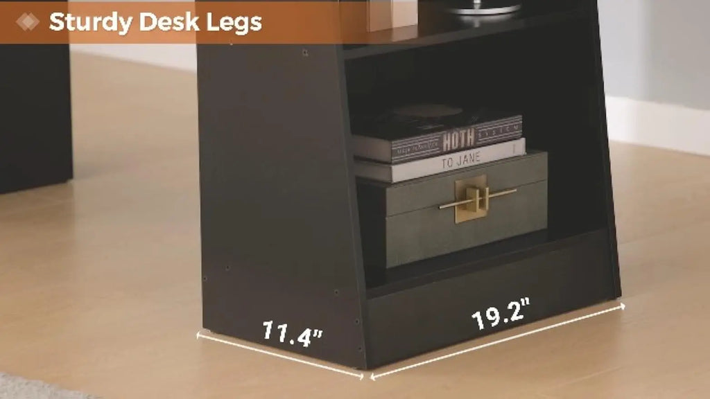 55.9" Executive Desk with Power Outlets, Modern Home Office Desk with Storage Shelves, Black