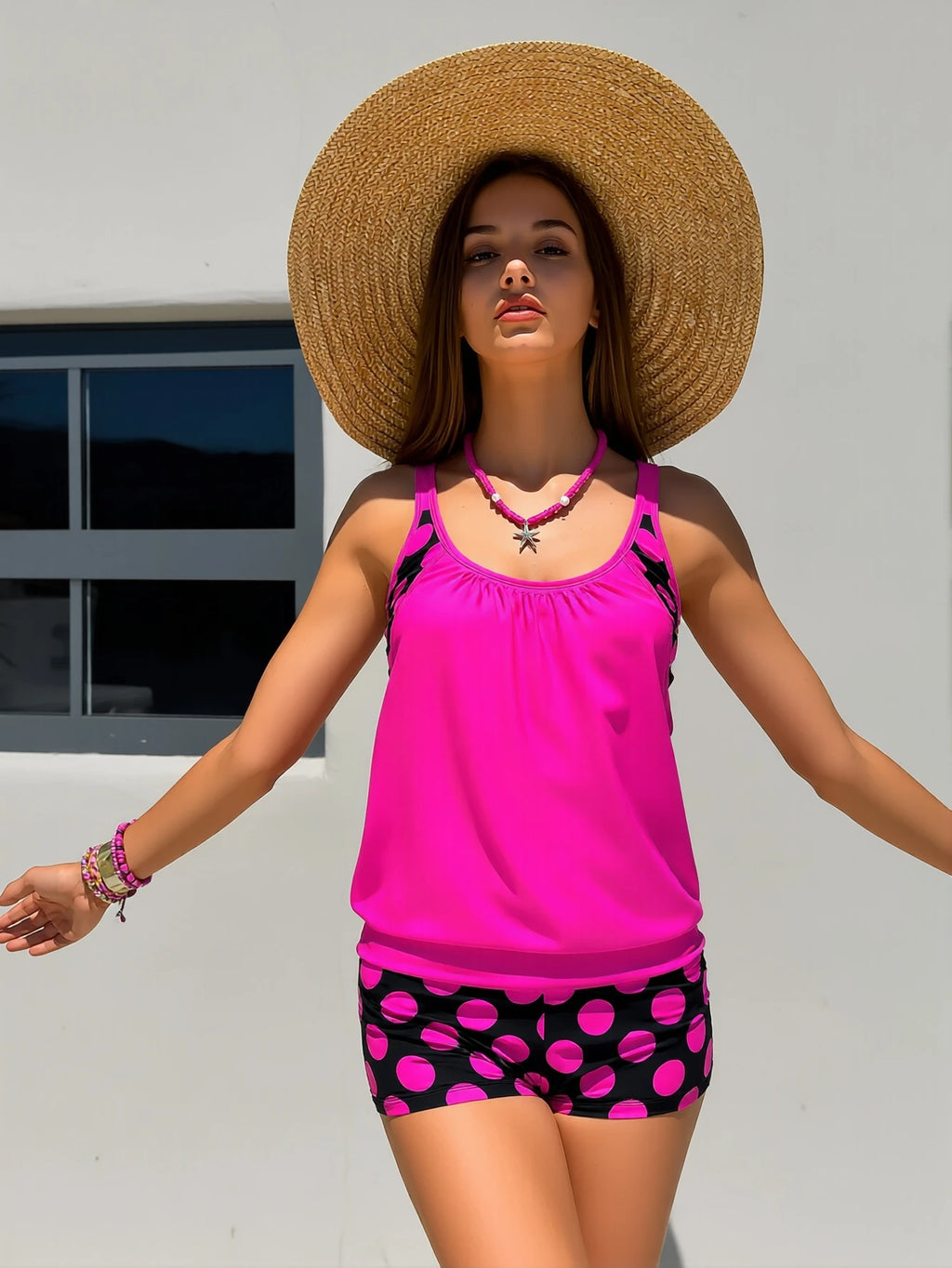 Women 2 Piece Bright Pink Tankini Swimsuit with Polka Dot Print Boy short/ Bottom Tummy Control Bathing Suit