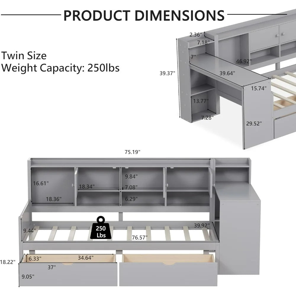 L-Shaped Wooden Daybed with Storage, Desk, and Bookshelf for Twin-Size Multi-Functional Use