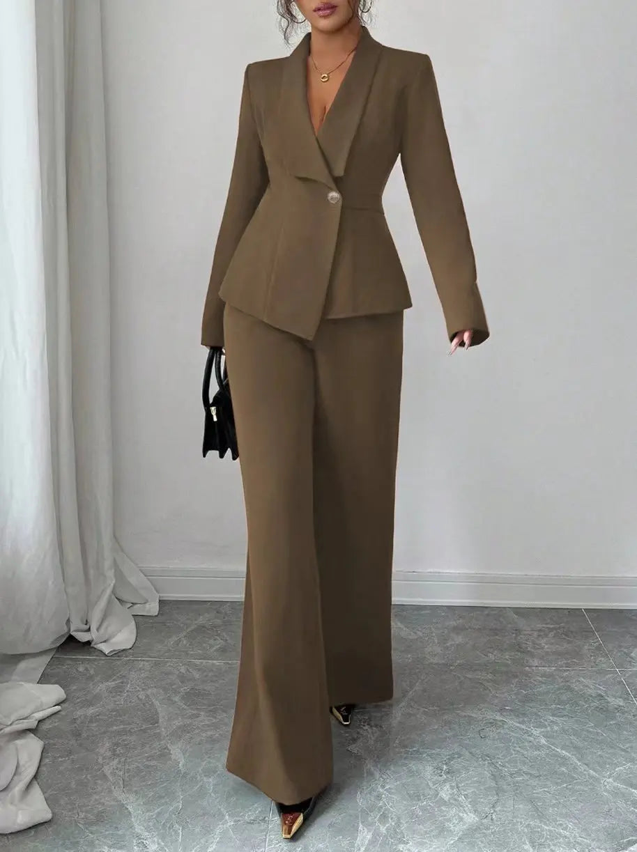 Women's Casual Elegant Solid Color Pocketless Green Collar Long-sleeved Jacket Top and Simple Wide-leg Pants Two-piece Set