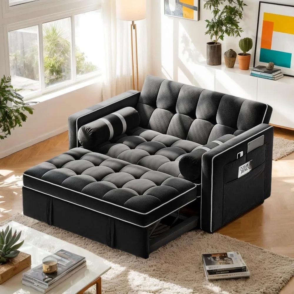 3 in 1 Convertible Sleeper Sofa Bed, Pull Out Couch for Living Room with USB Ports & Side Pockets, Adjustable Backrest ,Velvet