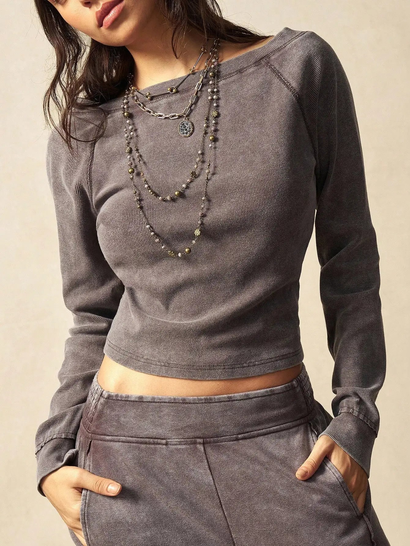 Boho Casual Ribbed Knit Women's 2-Piece Set, Autumn/ Winter Crop Top & Pants