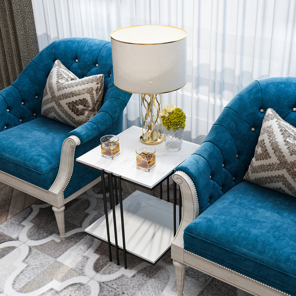 2-Tier Marble Sofa Side Table/ Coffee Table/ Modern Square Black Metal Frame for Living Room Accent