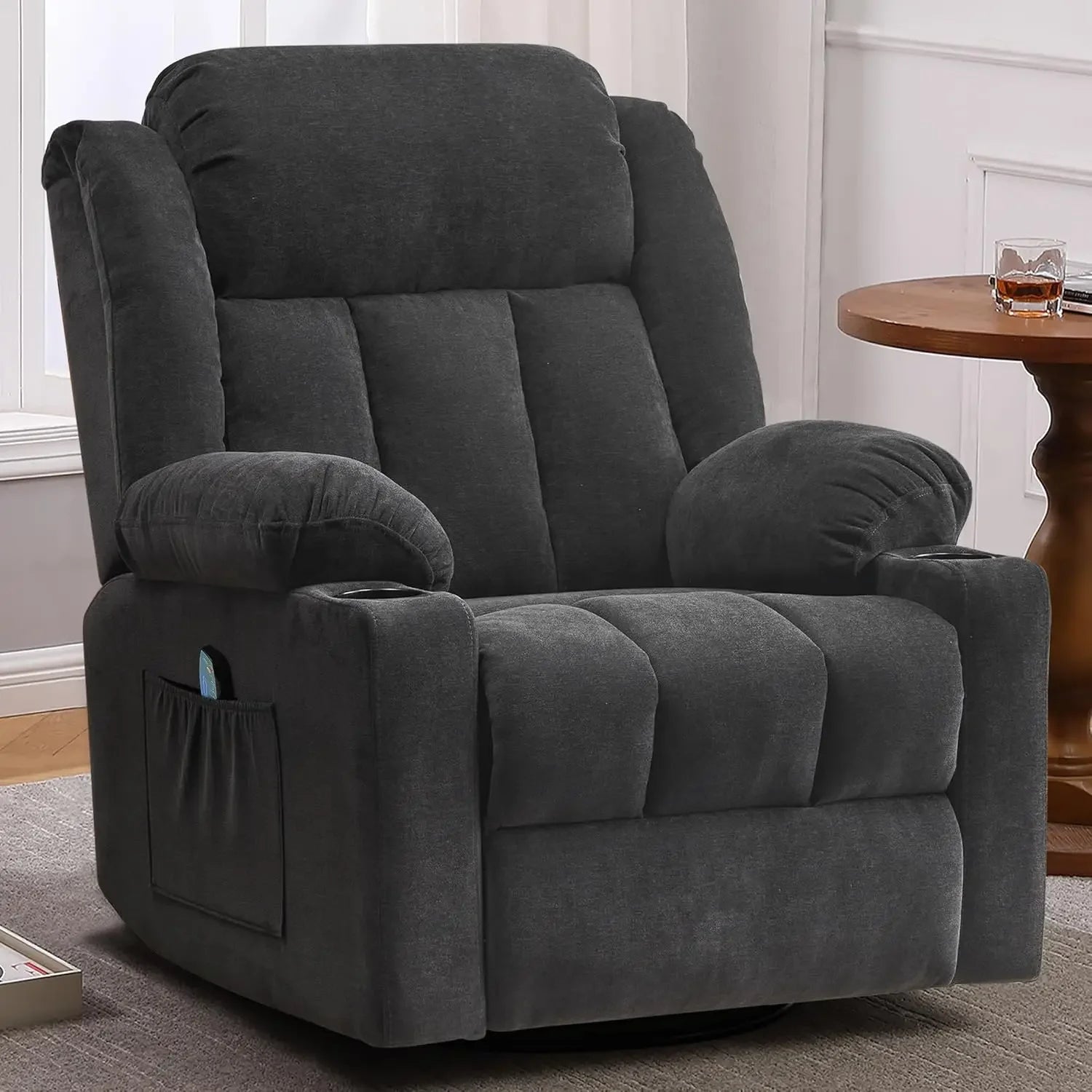 Adults Plush Swivel Recliner Chair: Oversized Manual Glider with Massage, Heat, and Cozy Fabric
