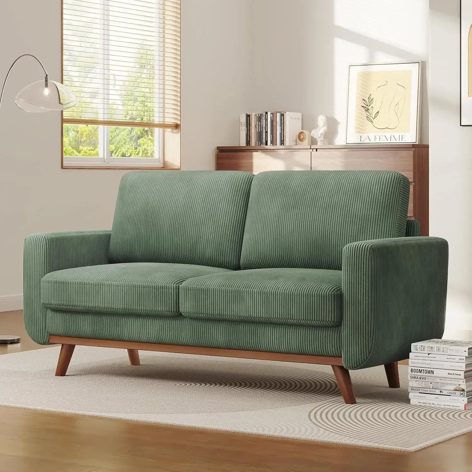 Bedroom & Living Room，68" Loveseat Sofa - Green, Comfy Corduroy with Spring Cushion, Solid Wood Frame, Modern Deep Seat