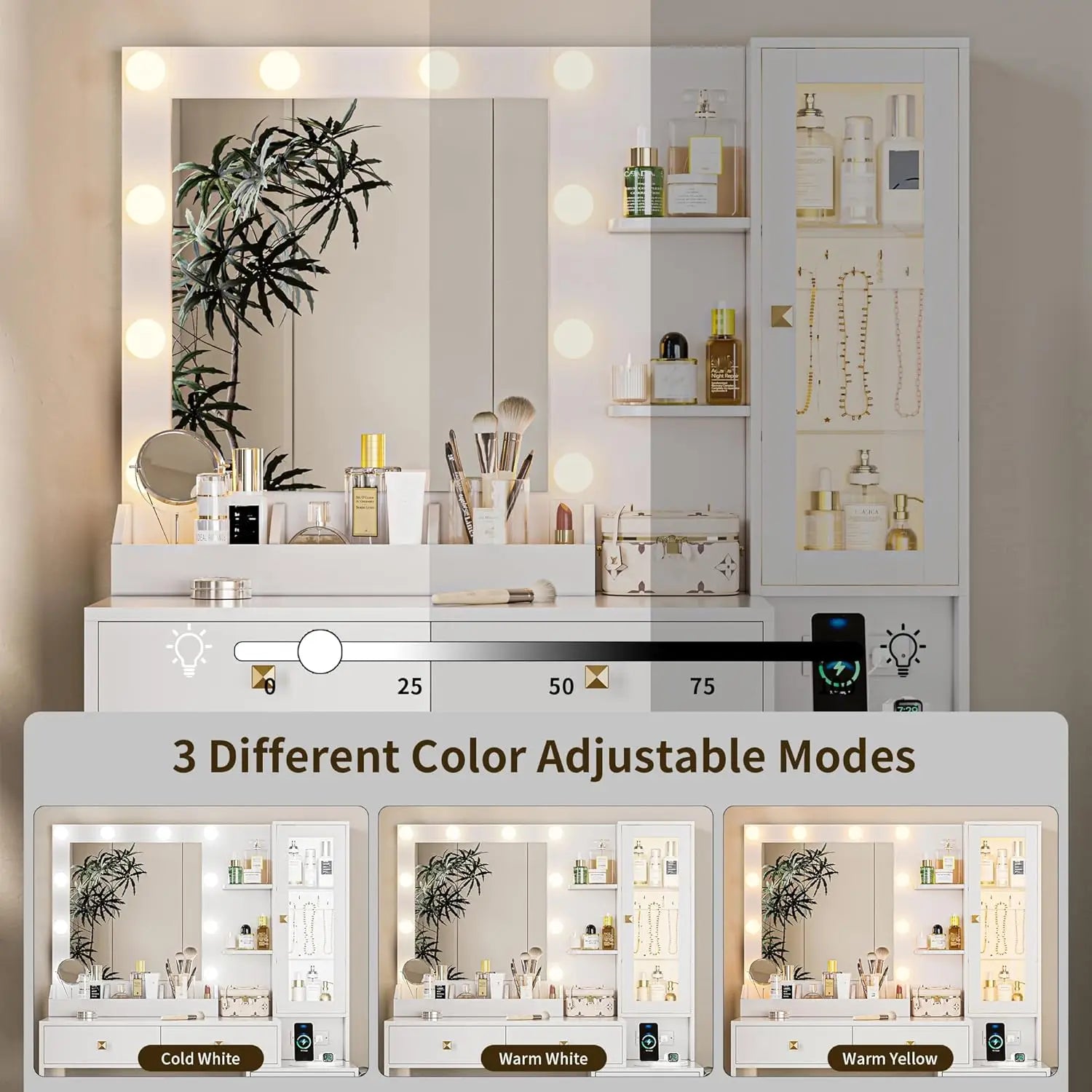 Vanity Desk with Mirror and Lights, White Makeup Vanity with 5 Drawers Hidden Jewelry Organizer & LED Glass Cabinet