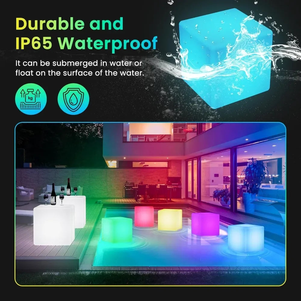 20" LED Lighted Cube Table, Large Cube Chair Light, 16 RGB Colors Glowing Cube Seat w/Remote Cordless, Rechargeable