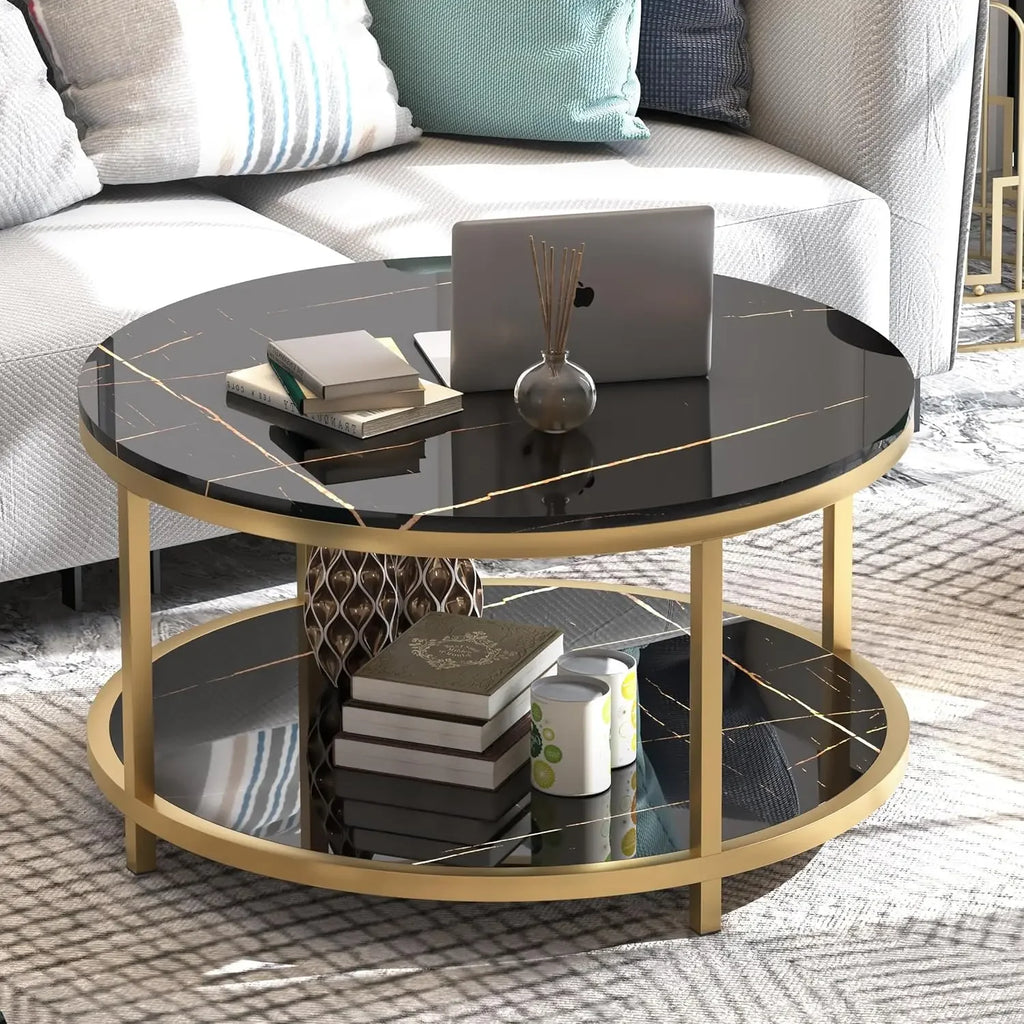 33.5" Round Coffee Table/  Coffee Table Room/ High Glossy Faux Marble Top /Circle Table Sturdy Gold Frame Legs/ Cocktail Table