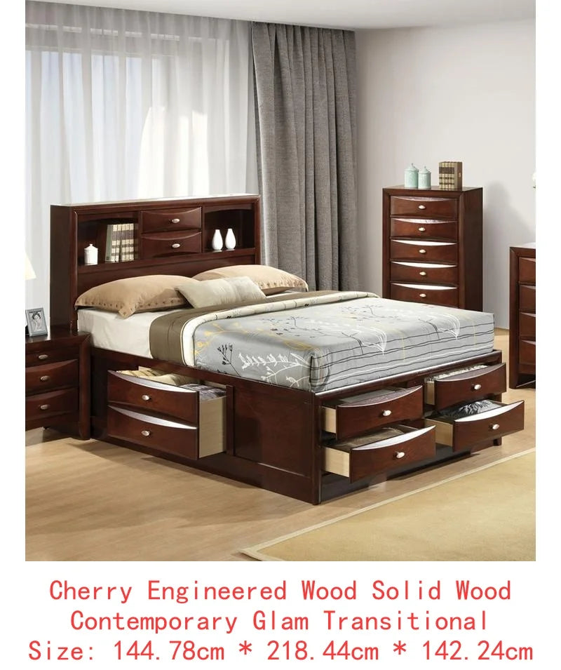Contemporary King Size Bed with Footboard Drawers & Headboard Bookcase in Cherry Finish