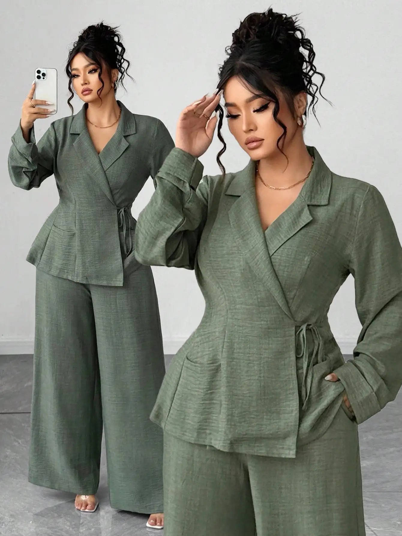 Olive Green Linen Two-Piece Suit for Women - Wrap Blazer with Tie Waist & Wide Leg Pants, Plus Size Office/ Casual Set