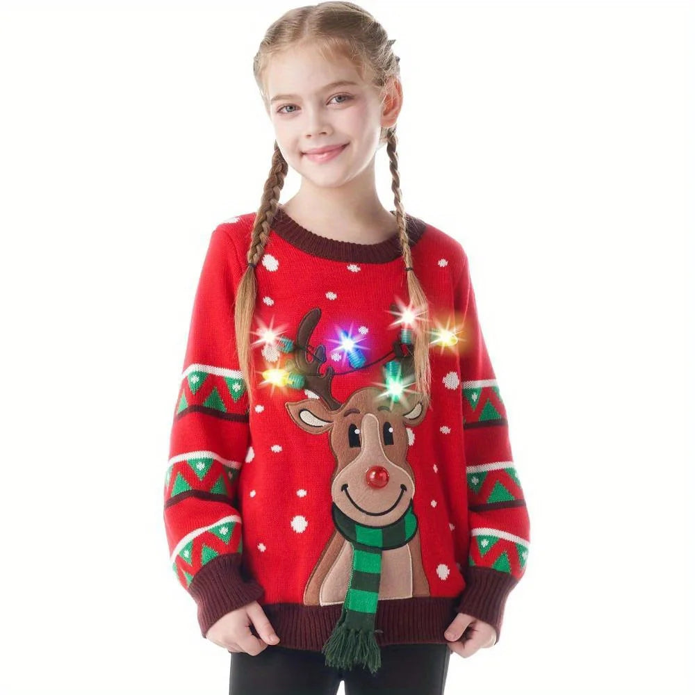 Kid's Christmas Ugly Sweater LED Light Up Reindeer Xmas Sweater Built-in Light Bulbs for Boys Girls (Red, Medium)