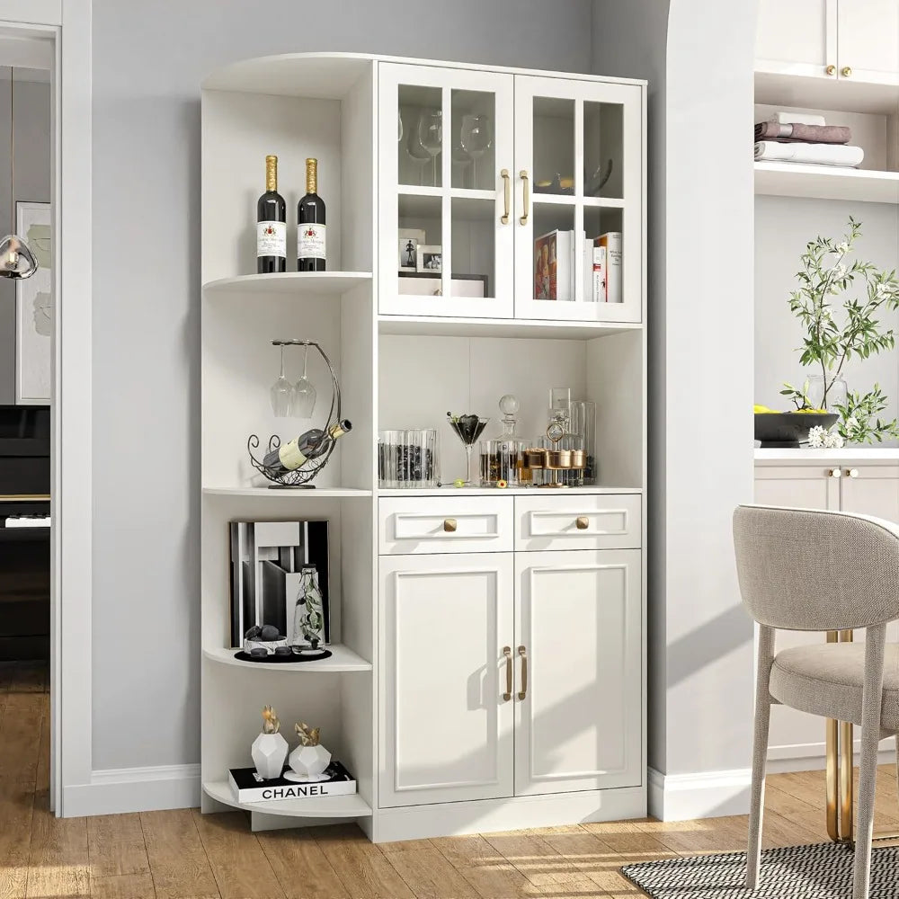 71" Tall Corner Pantry Storage Cabinet with Charging Station, 40" wide Kitchen Hutch Cabinet with 4 doors and 2 Drawers, Farmhouse