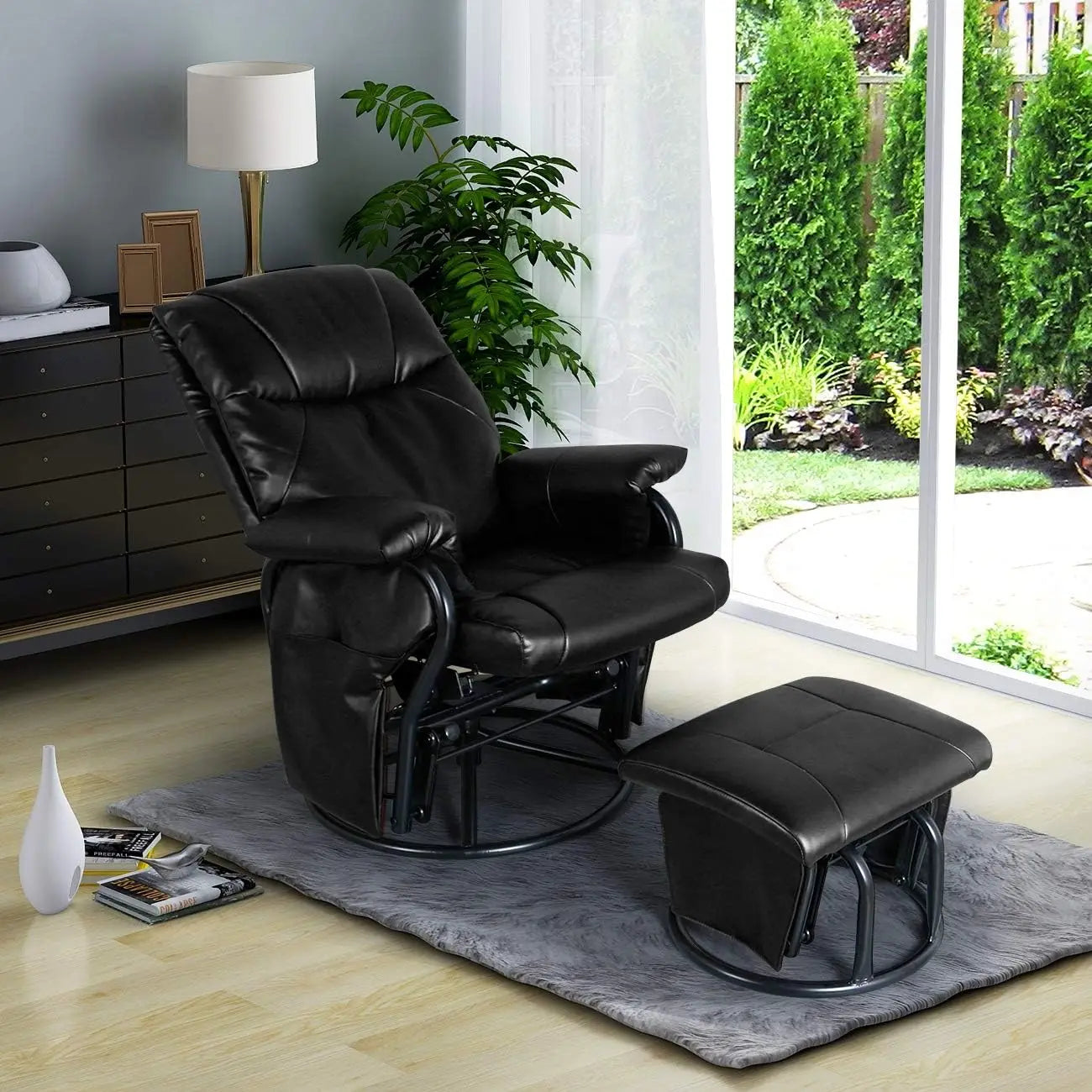 Glider Chairs Rocking Chair with Ottoman 360° Swivel Chair PU Leather Upholstered Armchair Lounge Chair Sliding Chairs Set/Black