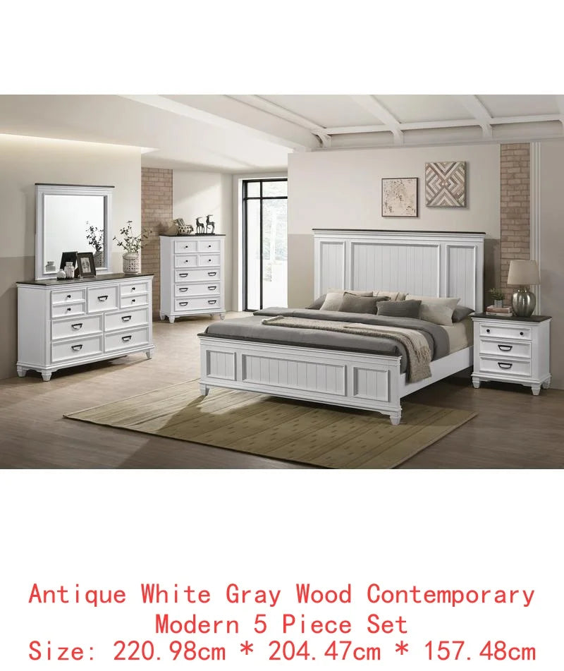 5-Piece Shiplap Panel King Bedroom Set with Bed, Dresser, Mirror, Nightstand, and Chest