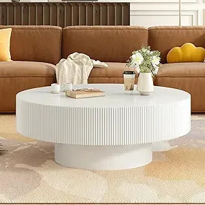 31.5 Inch Round Drum Coffee Table, Modern Handcraft Fluted Drum Coffee Table, Wooden Round Coffee Table Center Table/ Cocktail Table