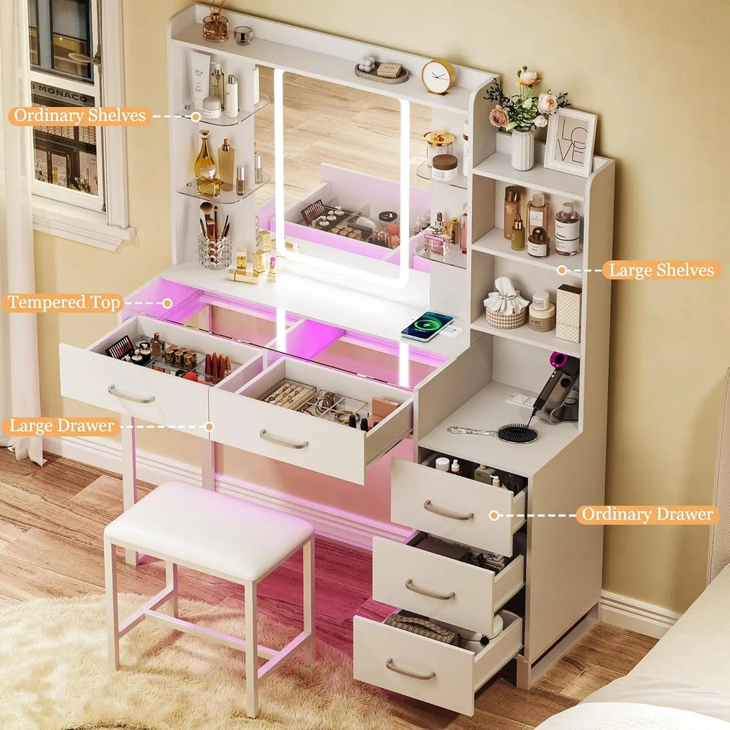 Vanity Desk with Mirror and LED Lights, 43" Makeup Vanity with Glass Top & Wireless Charging, Vanity with RGB Drawers