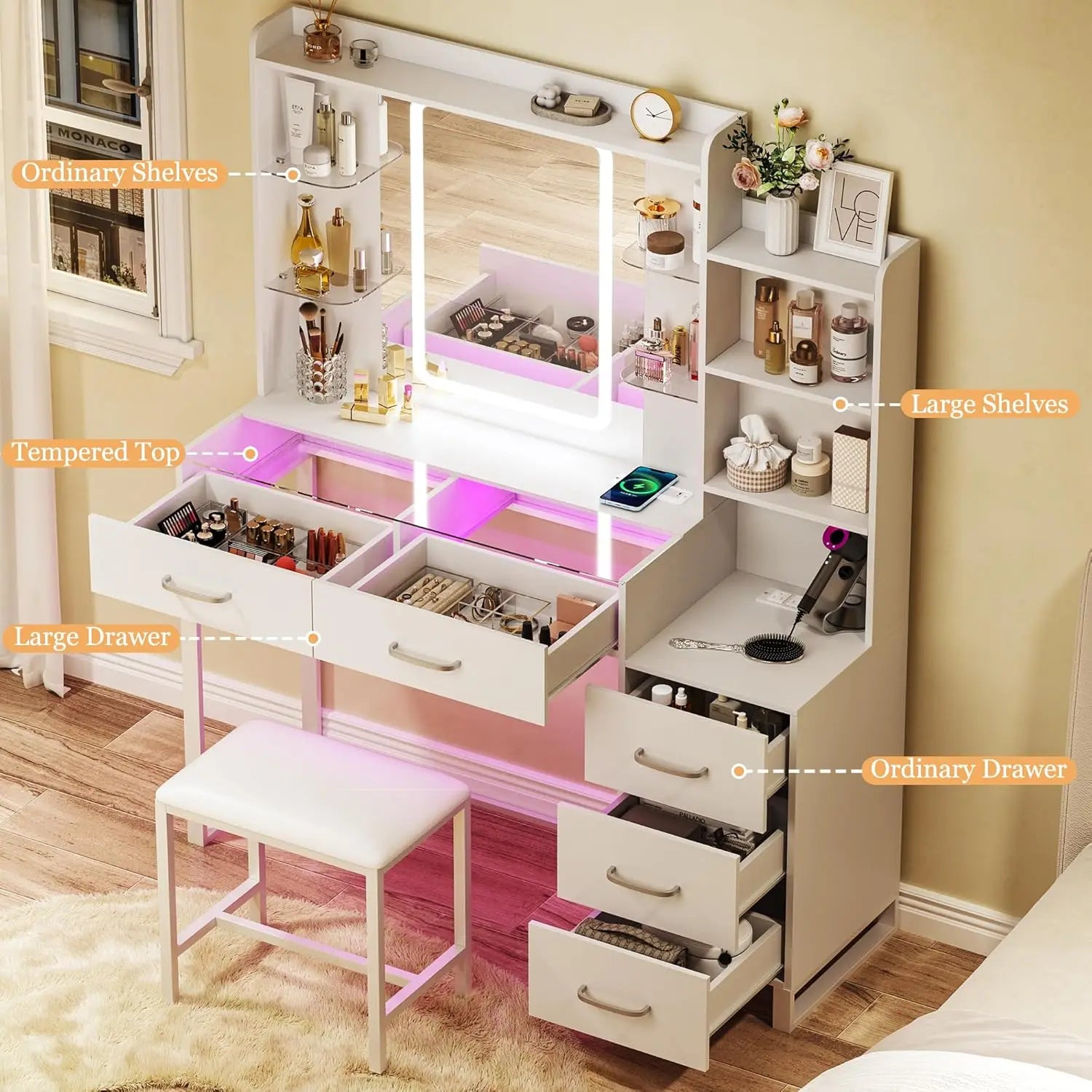 Vanity Desk with Mirror and LED Lights, 43" Makeup Vanity with Glass Top & Wireless Charging, Vanity with RGB Drawers