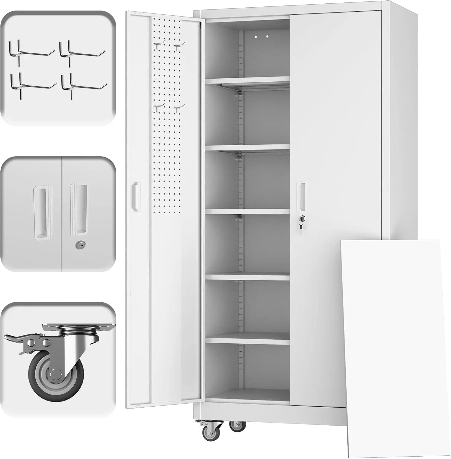 Upgrade 71"H'', 32''W,16''D Metal Garage Storage Cabinet with Wheels and Pegboards, 5 Adjustable Shelves Steel Storage Cabinets