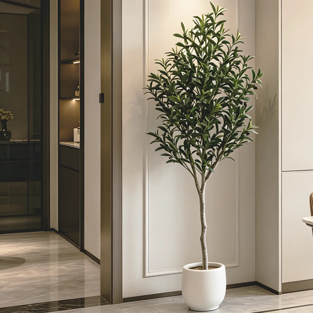 Artificial Olive Tree with Planter, Realistic Faux Silk Plant with Wood Trunk & Lifelike Fruits, Tall Fake Potted Olive Tree for Home/ Office/ Living Room Decor