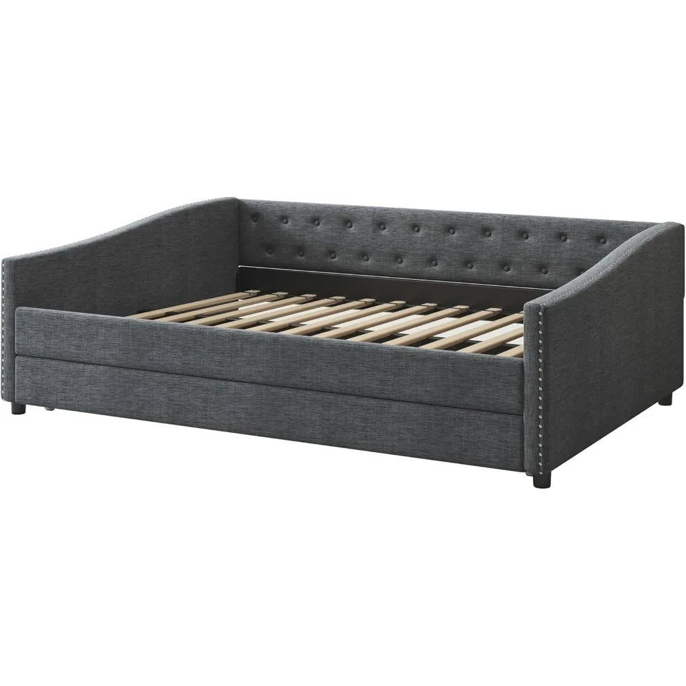Full-Size Tufted Daybed with Waved Arm Piping and Trundle for Bedroom and Guest Spaces