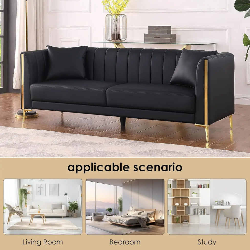 78'' Sofa, Black Faux Leather Couch / Sofa 3 Seater Couch with 2 Throw Pillows and Gold Metal