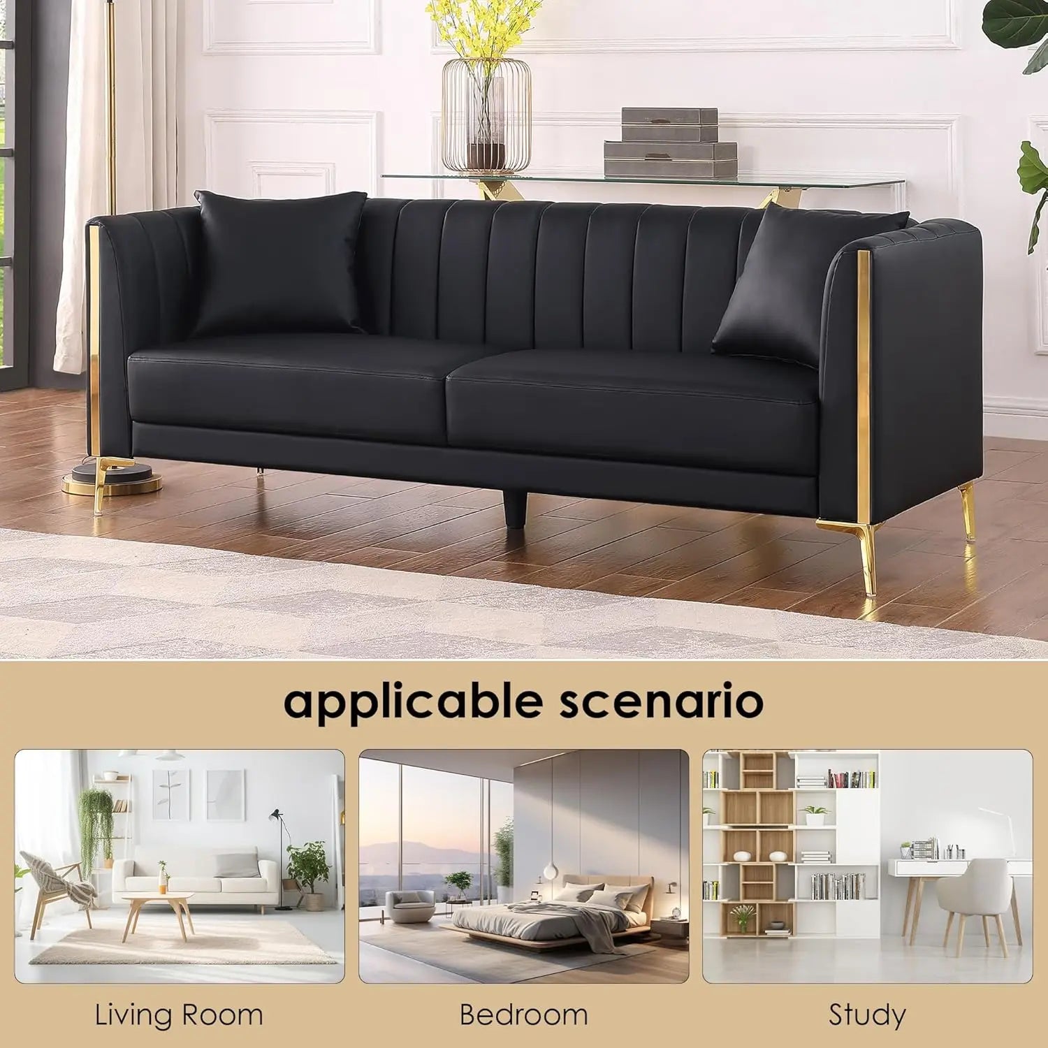 78'' Sofa, Black Faux Leather Couch / Sofa 3 Seater Couch with 2 Throw Pillows and Gold Metal
