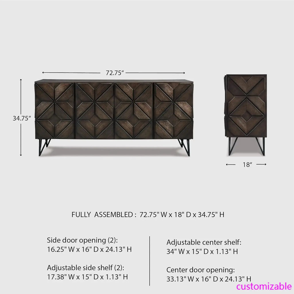 Urban Geometric Design TV Stand Fits TVs up to 70", 4 Cabinet Doors and 3 Adjustable Storage Shelves, Dark Brown