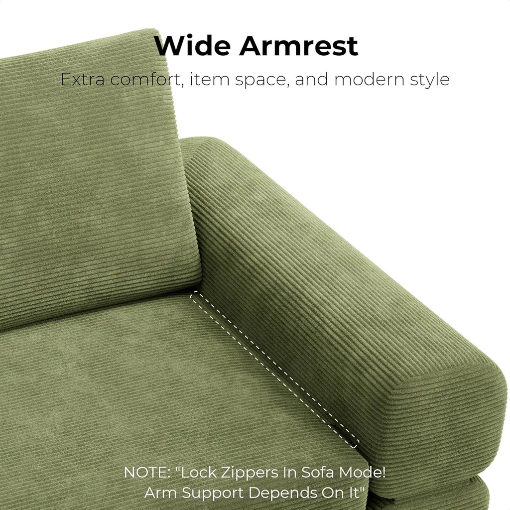 Convertible Sleeper Sofa Bed Floor Sofa 3-in-1 No Assembly, Foldable Mattress with Corduroy Upholstery Green, Dark Grey