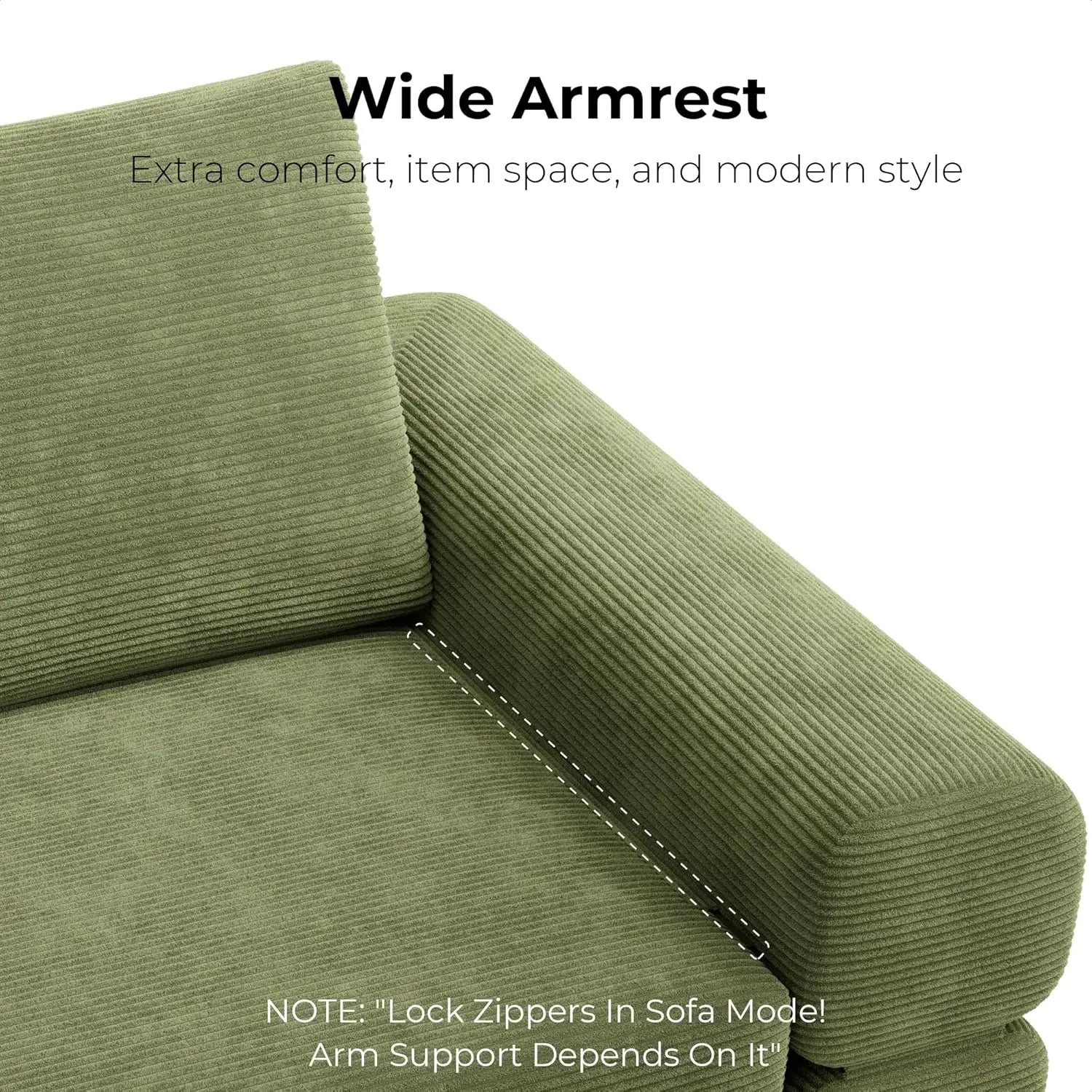Convertible Sleeper Sofa Bed Floor Sofa 3-in-1 No Assembly, Foldable Mattress with Corduroy Upholstery Green, Dark Grey