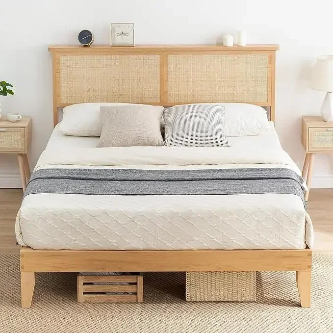 Rattan Bed Frame Queen with Natural Rattan Headboard, Queen Bed Frame with LED Lights, with Headboard, Solid