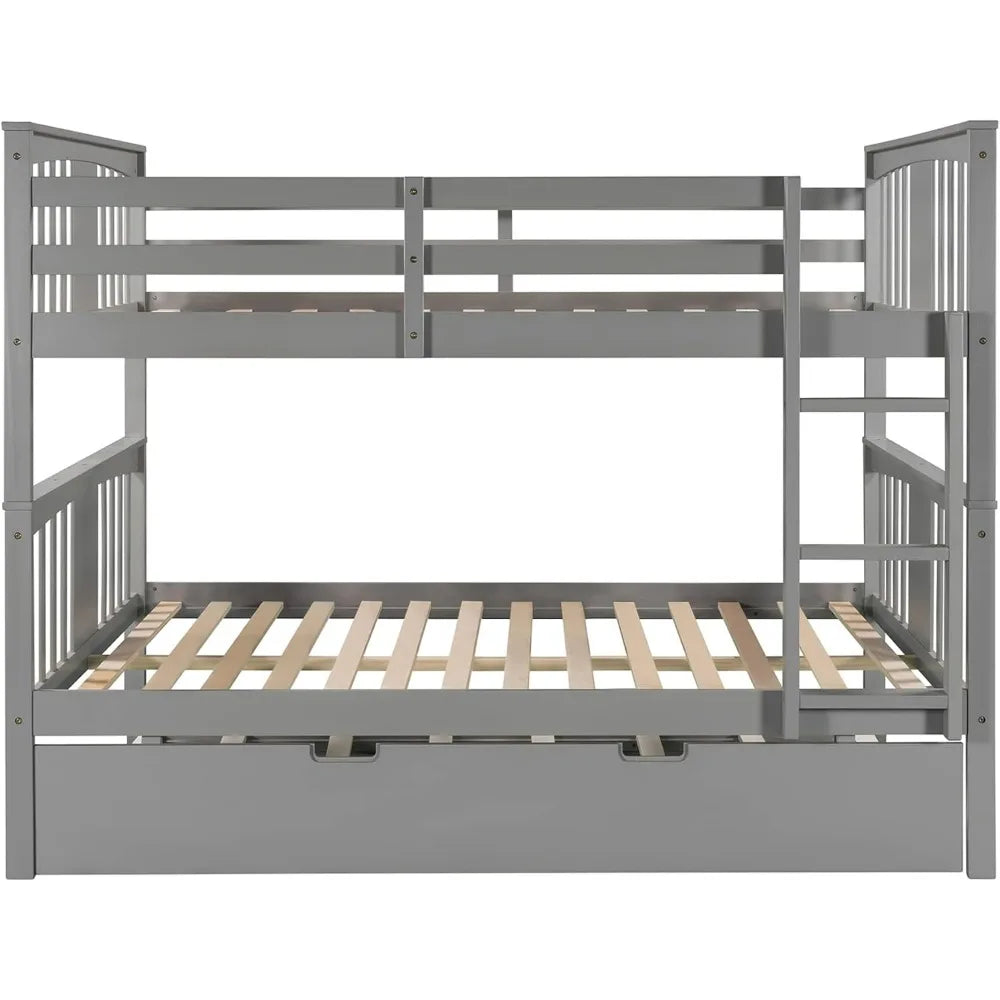Twin-Over-Full Bunk Bed with Trundle, Transformable into Individual Beds, Crafted from Solid Pine with Safety Rails